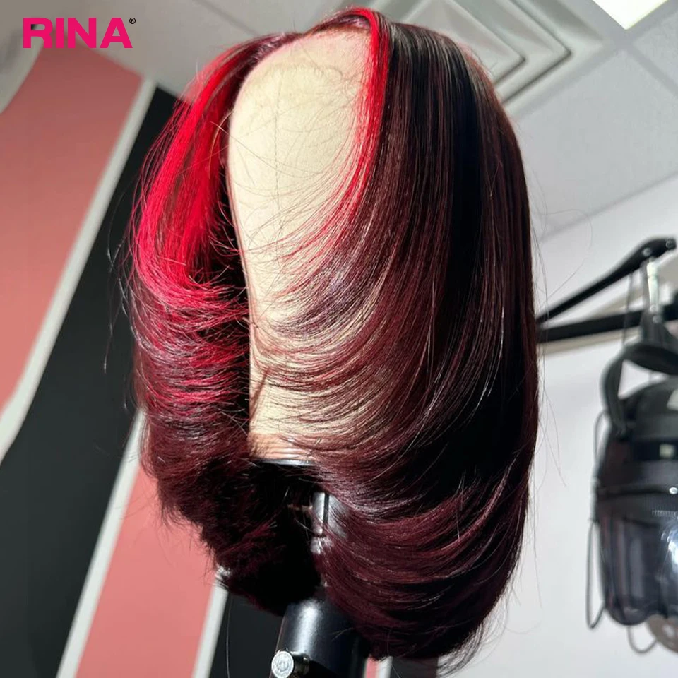 Peluca de cabello humano liso de 13x4 para mujer, postizo de encaje frontal con corte Bob, color burdeos oscuro y rojo, densidad de 180%,