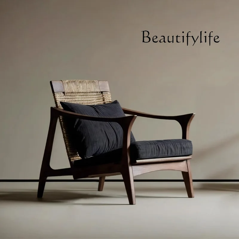 Single sofa wind living room rattan chair retro balcony leisure chair walnut solid wood sofa chair designer