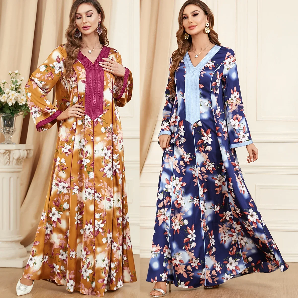 Floral Patchwork Party Dresses for Women Long Sleeve Arabic Dress  V-neck Kaftan Muslim Abayas Dubai Gowns Morocco Evening Dress