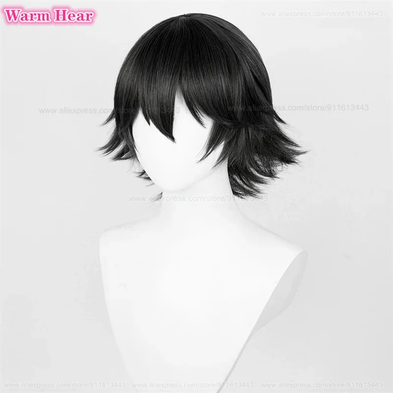 Peruca sintética Anime Ranpo Edogawa, Perucas Cosplay pretas com óculos, Chapéu de cabelo resistente ao calor, Em estoque, 30cm