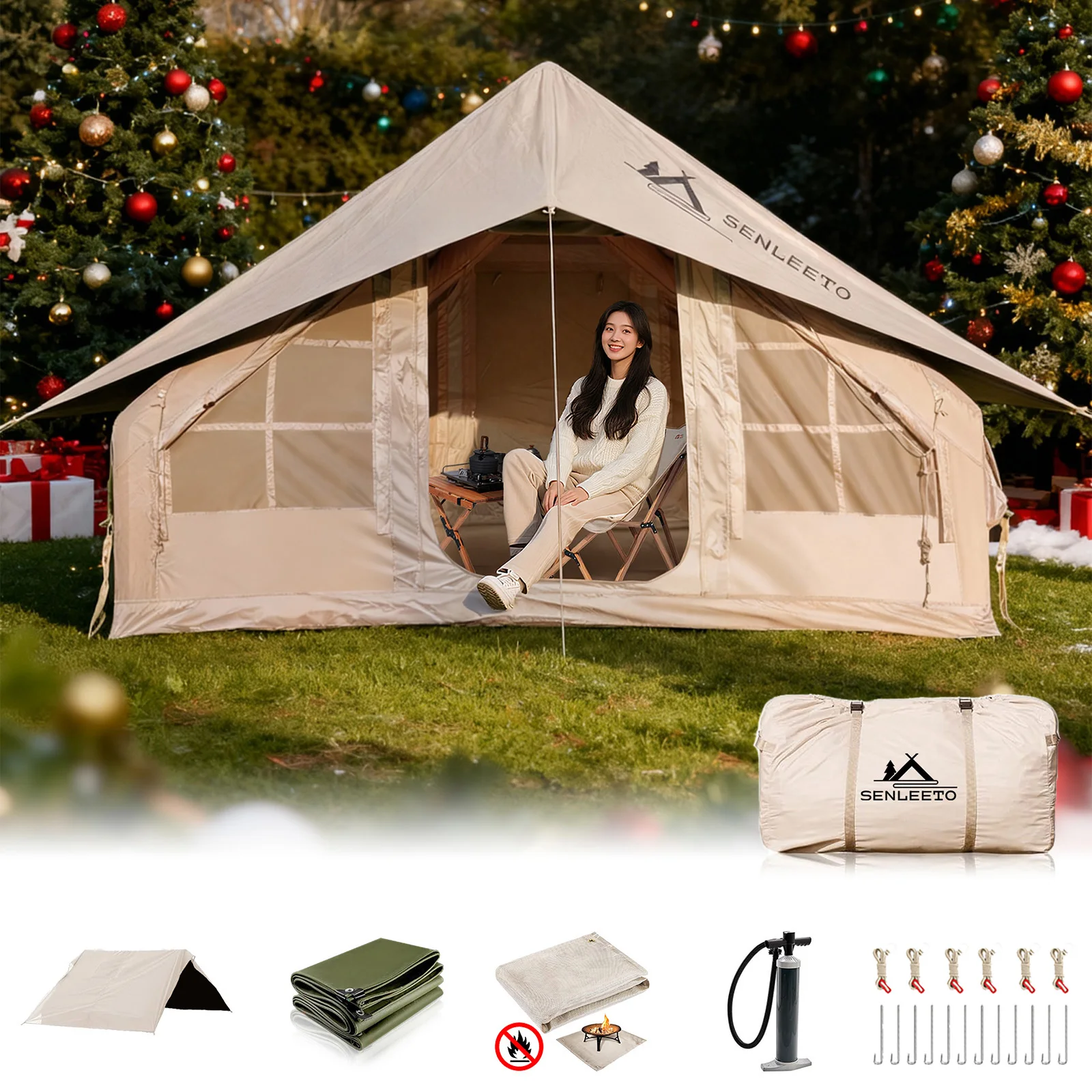 

Надувная палатка Glamping 9,8 x 7 футов для кемпинга, водонепроницаемая оксфордская уличная воздушная палатка на 4 сезона с дождевиком, отверстием для дымохода