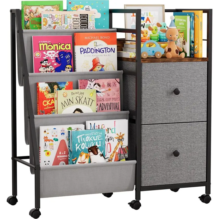 رف لغرف الأطفال، رف كتب للأطفال الصغار مع مساحة تخزين للأطفال لغرفة الأطفال وغرفة النوم وغرفة اللعب، سهلة التجميع باللون الأسود