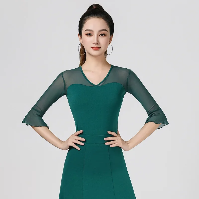 customized Top Women's Latin Dance Dress Women's Mid Sleeve Green Mesh National Standard Modern Dance ballroom dress ropa niña