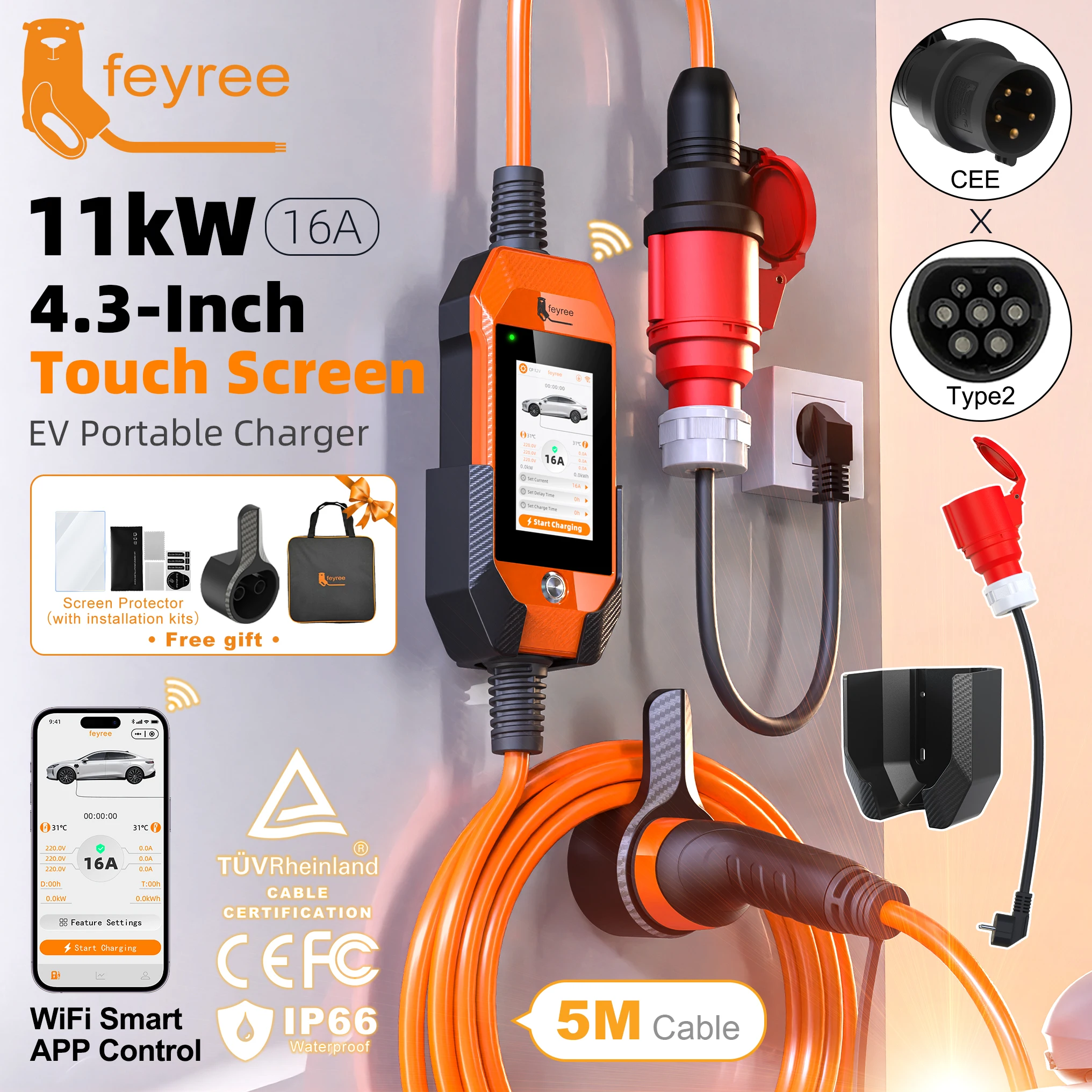 Feyree Type2 11kW Portable 4.3'' Touch Screen Home Use EV Charger with Dual Temp Protection & APP History Log for Electric Vehic