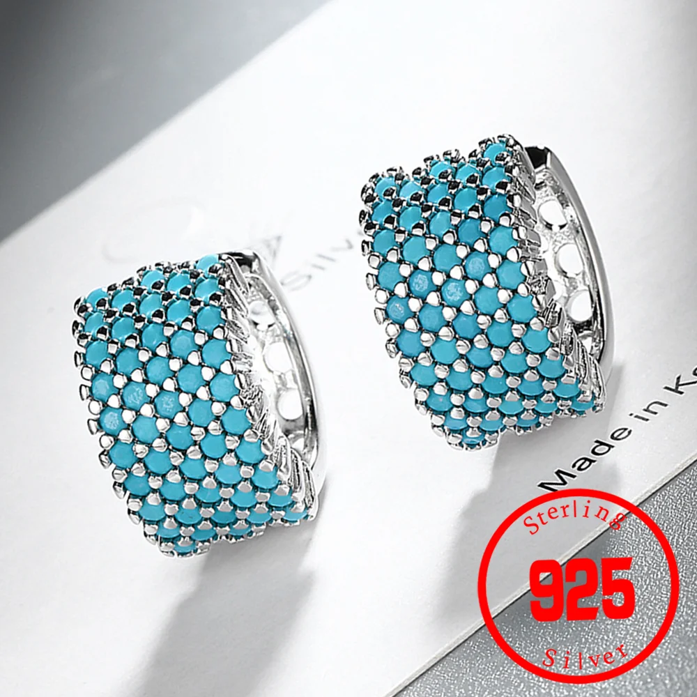 925 Sterling Silver Simple Fashion Turquoise Hoop Earrings for Women Female Jewelry Wedding Party Gift Mujer