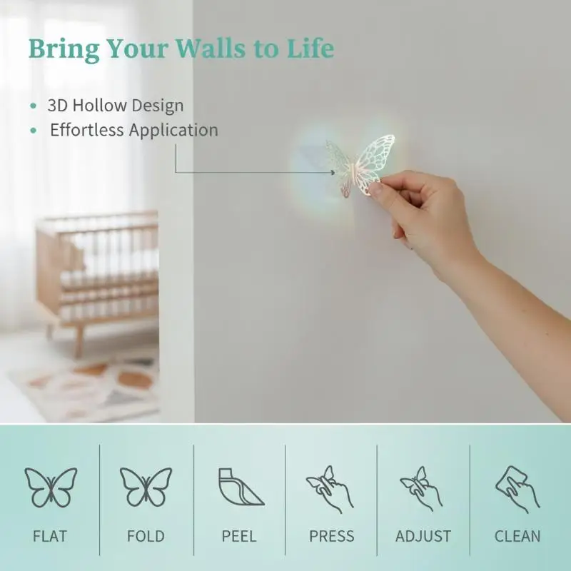 12 Stück Holographische 3D-Schmetterlings-Wandaufkleber, Hohl Geschnitzte Irisierend Glänzende Sticker für Heimdekoration, Kinderzimmer, Hochzeit, Party – Detail 8