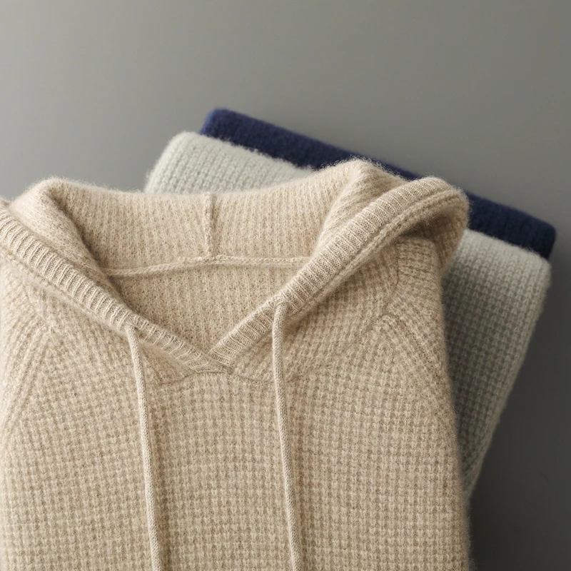 

New Men Hooded Sweater 100% Cashmere Knitwear Waffle Jacquard Pullover Autumn Winter Thicken Casual Soft Raglan Sleeve Tops