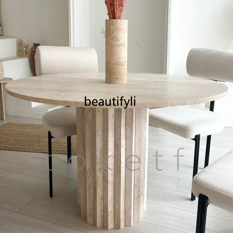 French designer natural Roman travertine marble dining table creative wabi wind home round table