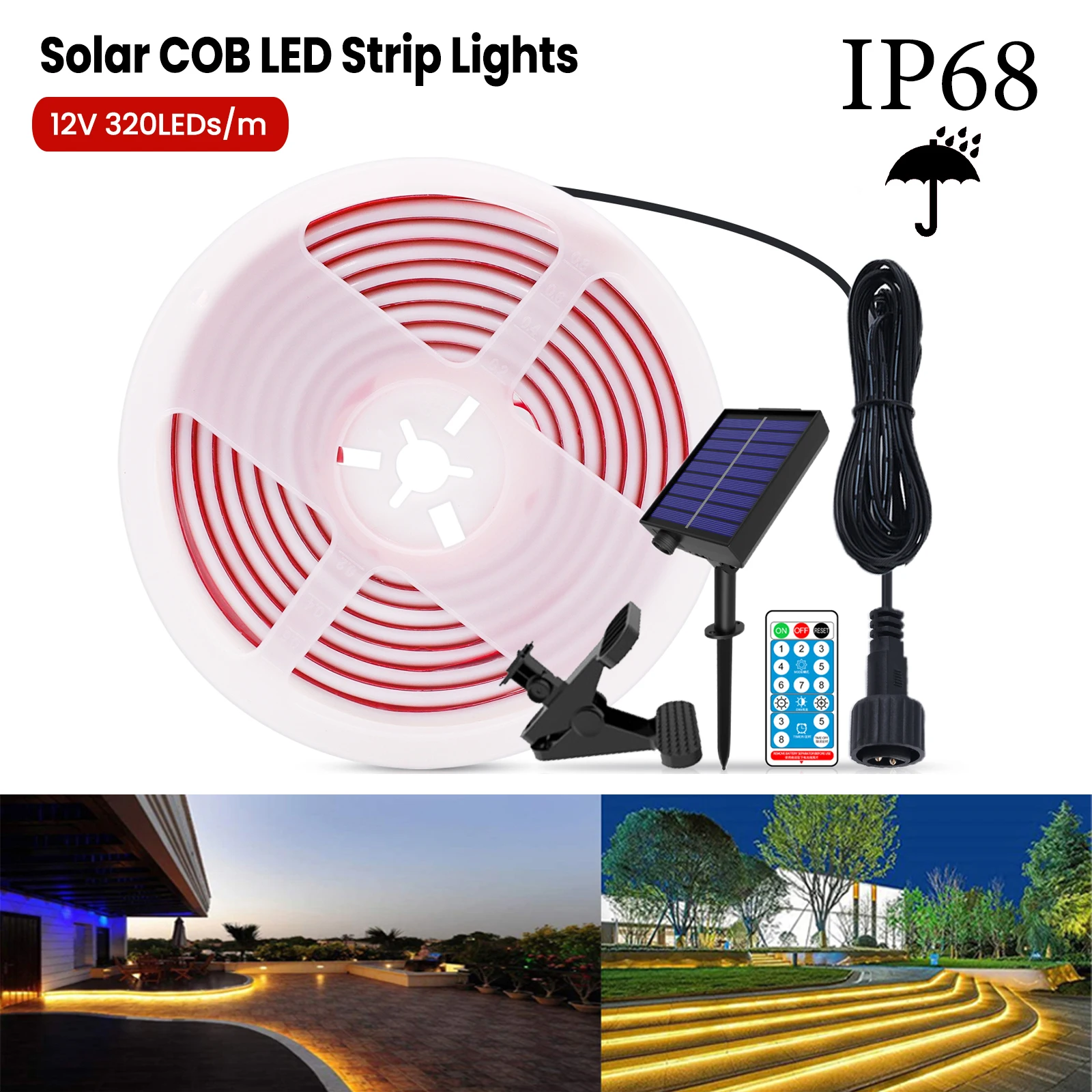 Solar Powered IP68 Waterproof COB Neon Strip DC 12V 320Leds/M Indoor Outdoor Decor Dimmable Flexible LED Light 3000K 4000K 6000K