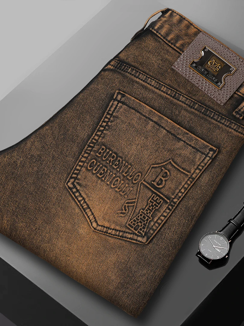 

Spring 2026 Men's Slim Fit Straight Leg Casual Jeans Simplistic Grey Yellow Casual Fashionable Elastic Cotton Denim