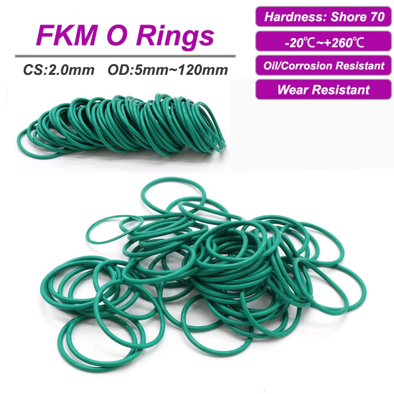 10/50pcs Green FKM O Ring Sealing Gasket CS 2.0mm OD 5~120mm Round High Temperature Oil Resistant Fluorine Rubber Seal Gaskets