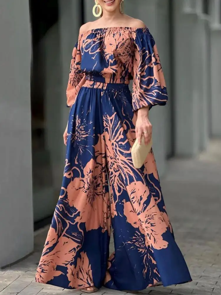 

Bohohipei women fashion Floral Printed Off-the-shoulder Tops & Elasticity high Waist Wide Leg Pants elegant Two Piece Set