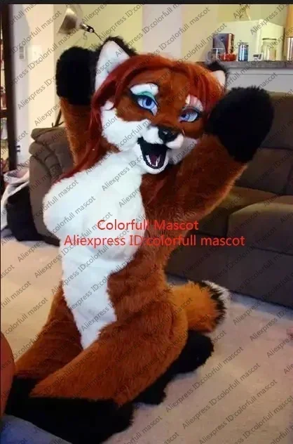 Natale lungo pelliccia pelosa Miss Fox Husky cane Fursuit costume della mascotte adulto personaggio dei cartoni animati vestito di carnevale di Halloween parte cosplay