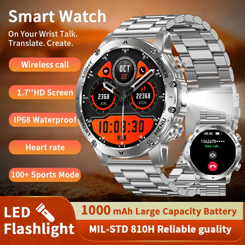 

2025 New Military Smart Watch Men 1000mah Battery Outdoor Sport Wristwatch LED Flashlight Bluetooth Call Heart Rate Smartwatch