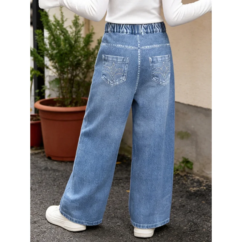 2026Children's Artificial Sequined Printed Artificial Jeans Children's Fashionable Wide-Leg Pants