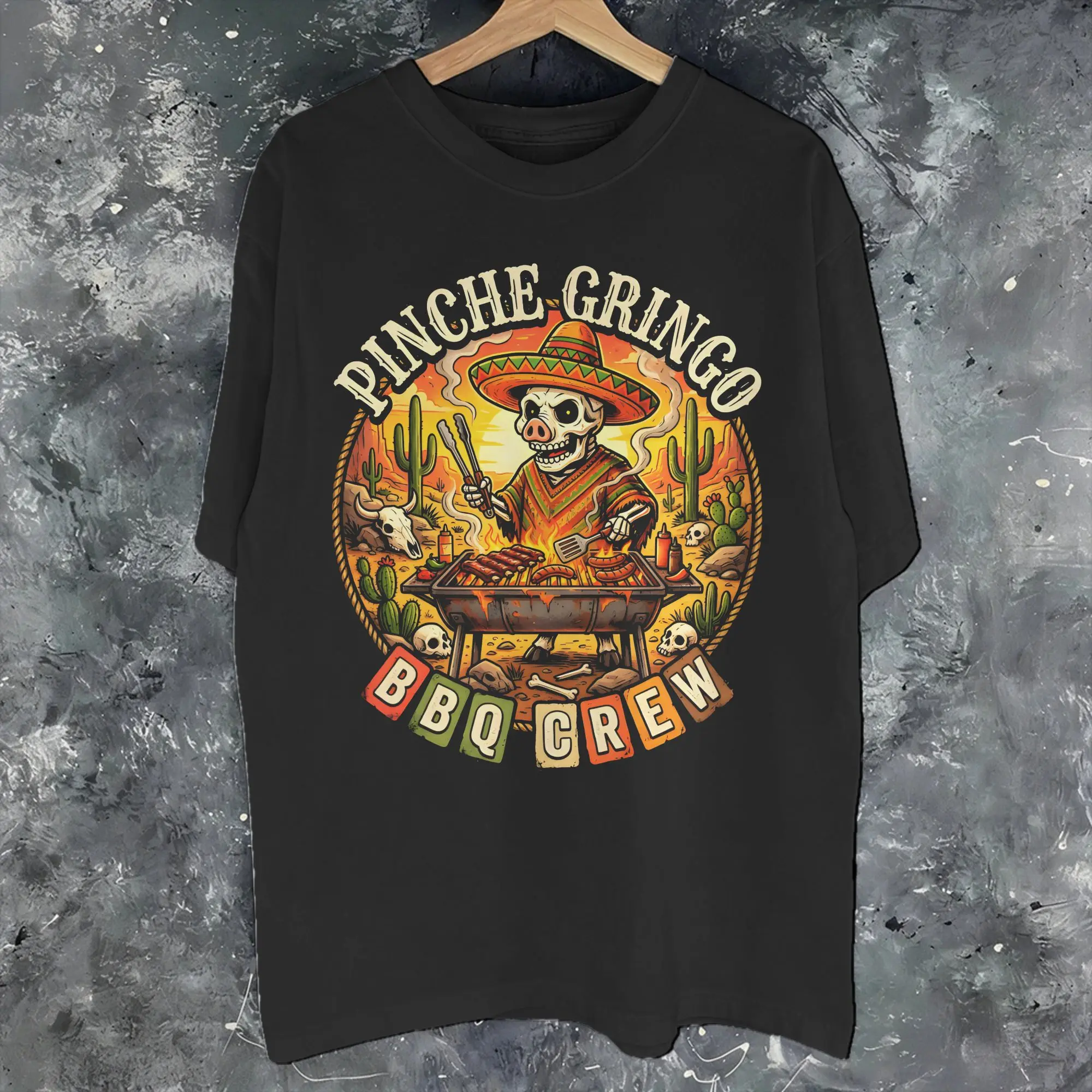 Men Women Pinche Gringo BBQ Crew Skeleton Grilling Beer Shirt Pure Cotton Print Tee Shirts  Clothing Outfits