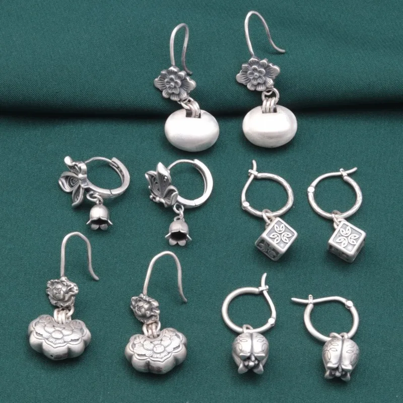 Langyan 925 Sterling Silver Flower Bud Butterfly Ruyi Lock Earrings Retro Ethnic Matte Bud Small Square Earrings for Women EH259