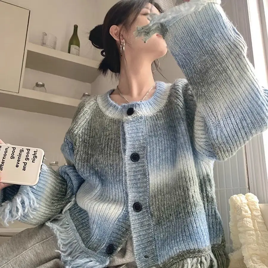 Cardigan for Women Blue Loose Tassel Tie Dye Outerwear Knitted Sweater Woman Korean Style Lightweight Youth Casual Fashion 2024