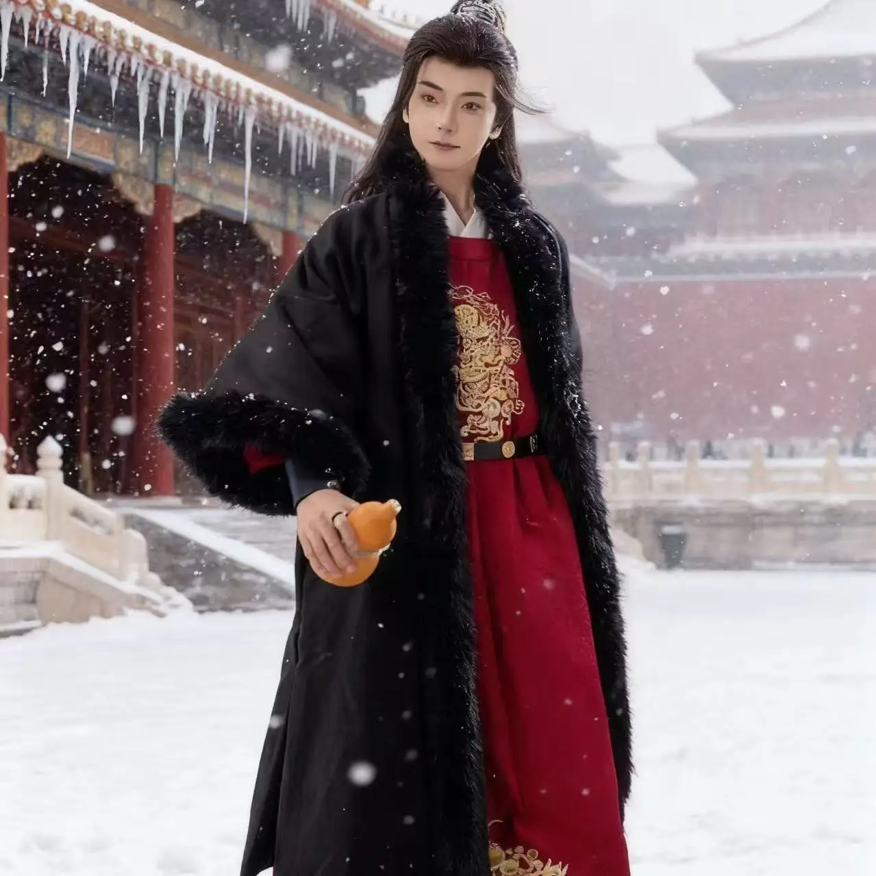 Winter Thicken Hanfu Cloak Men's Traditional Chinese Plush Collar Long Robe Palace Style Carnival Event Snow Cape Male Cloak - Image 4