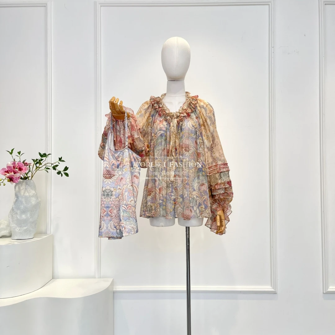 

Brown Violet Floral Print Long Sleeve Blouse Tops