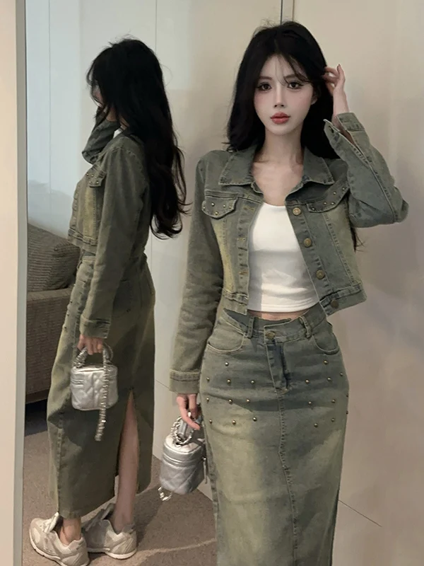 

Retro Denim Outfit High Waist Split Skirt Long Sve Two Piece Set Women's Faion Ensemble Button Closure Ne
