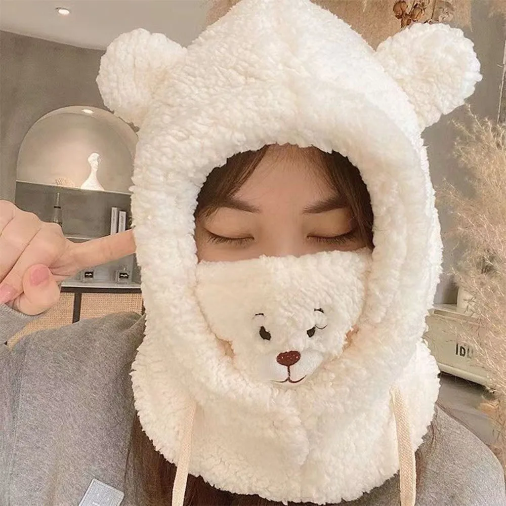 1pc Winter Women\'s Warm Hat, Cute Little Bear Design Scarf Hat, Warm One-Piece Hat, Outdoor Cold Proof Mask, Ear Protection Hat