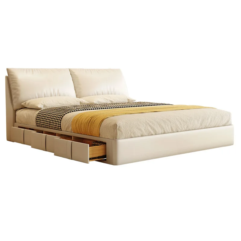 

Французская кровать из кожи с мягким изголовьем в форме слоновьих ушей, двуспальная, 1.8 метра, для главной спальни, с высоким основанием и ящиками для хранения.