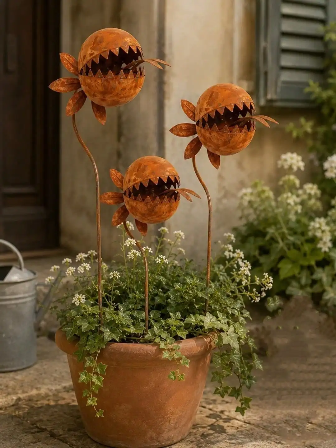 Rusty Metal Venus Flytrap Garden Decoration Stake, Suitable for Gardens, Patios, Lawns, and Pot Decorations