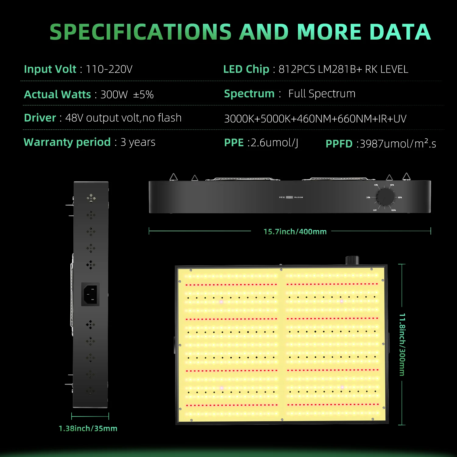 Qkwin с регулируемой яркостью PB300W Led Grow Light QBS 812 шт. светодиоды samsung LM281b со вентиляторами 26 дБ полный спектр