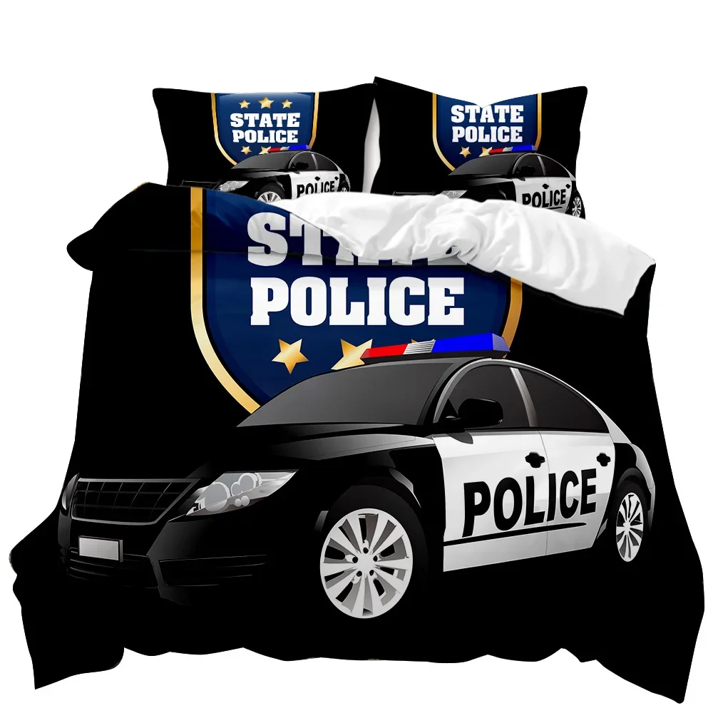 Police Car Duvet Cover Black Policeman Car Twin Bedding Set Cartoon Vehicle Comforter Cover Red Cop Lights Polyester Quilt Cover