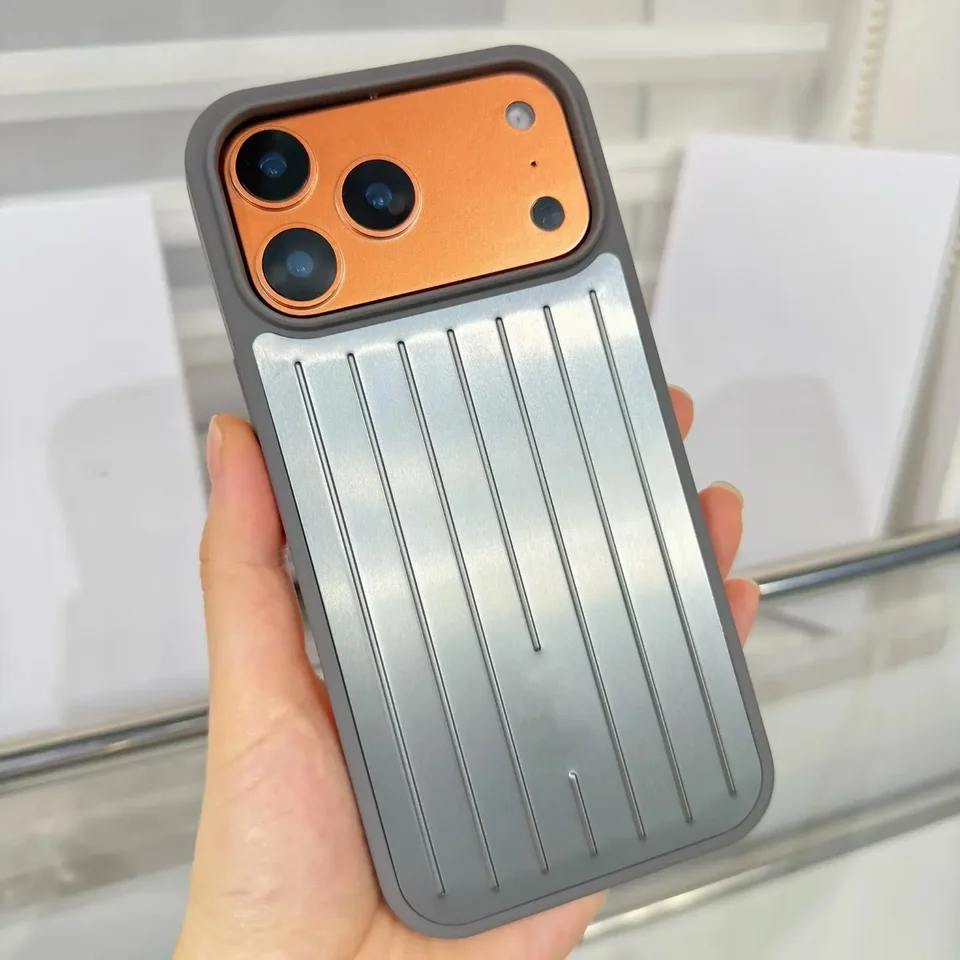 Funda para iPhone 17 Pro Max con patrón de rayas 3D electroplateado, aleación de aluminio a prueba de golpes con caja y logo 6