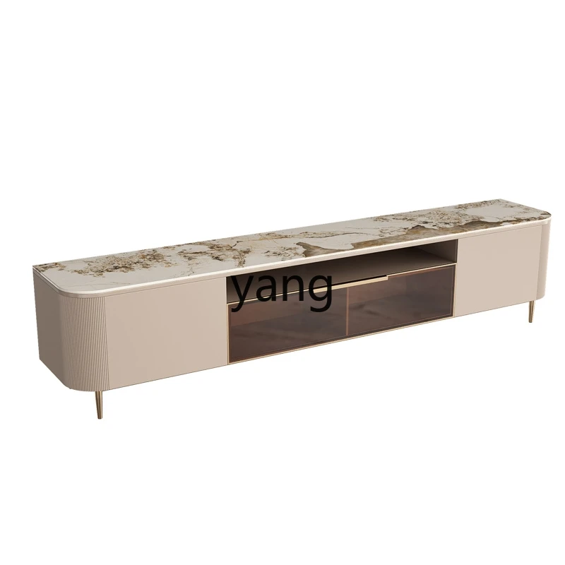 Yjq Stone Plate TV Cabinet White Modern Simple Coffee Table TV Cabinet Unit Small Apartment Brown Glass Door