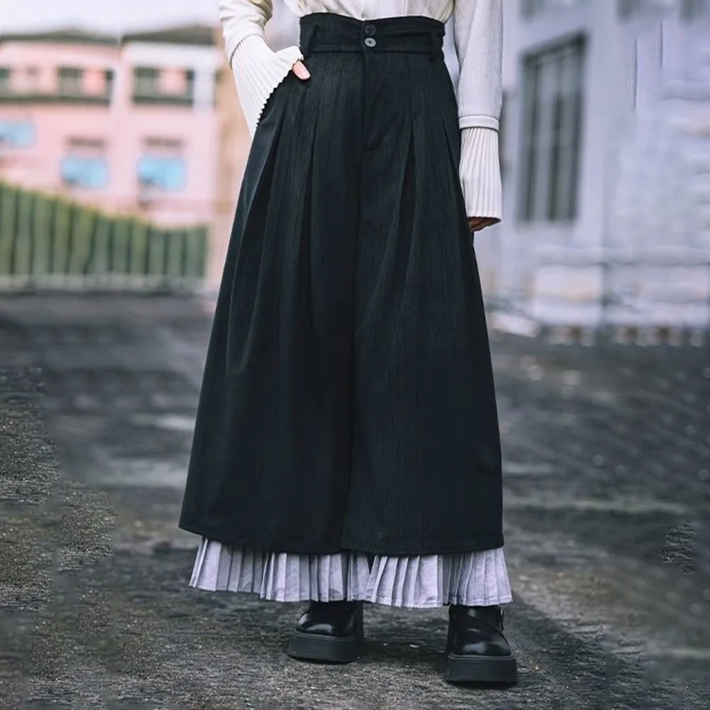 Y2k Dark Gothic Pleated Skirt Pants Spring Genderless Fashion Japanese Campus All-Match Casual Samurai Pants Hakama Unisex 2025