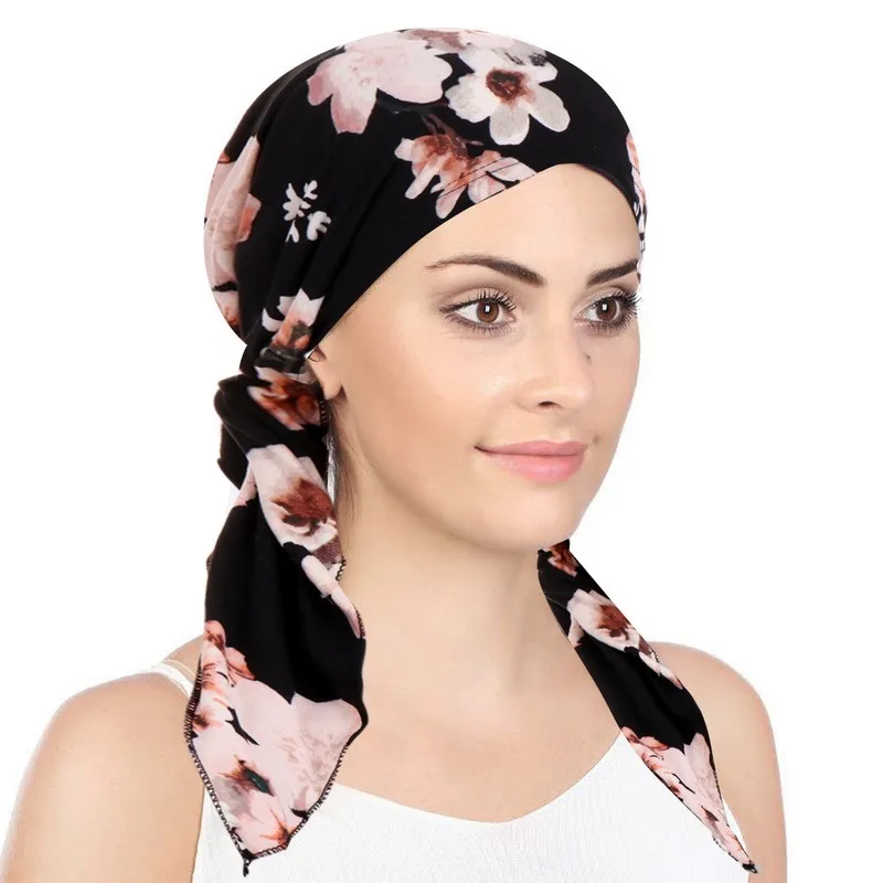 2022 New Muslim Women Soft Turban Hat Pre-Tied Head Scarf Printed Ladiess Cotton Chemo Cap Inner Hijabs Hair Accessories