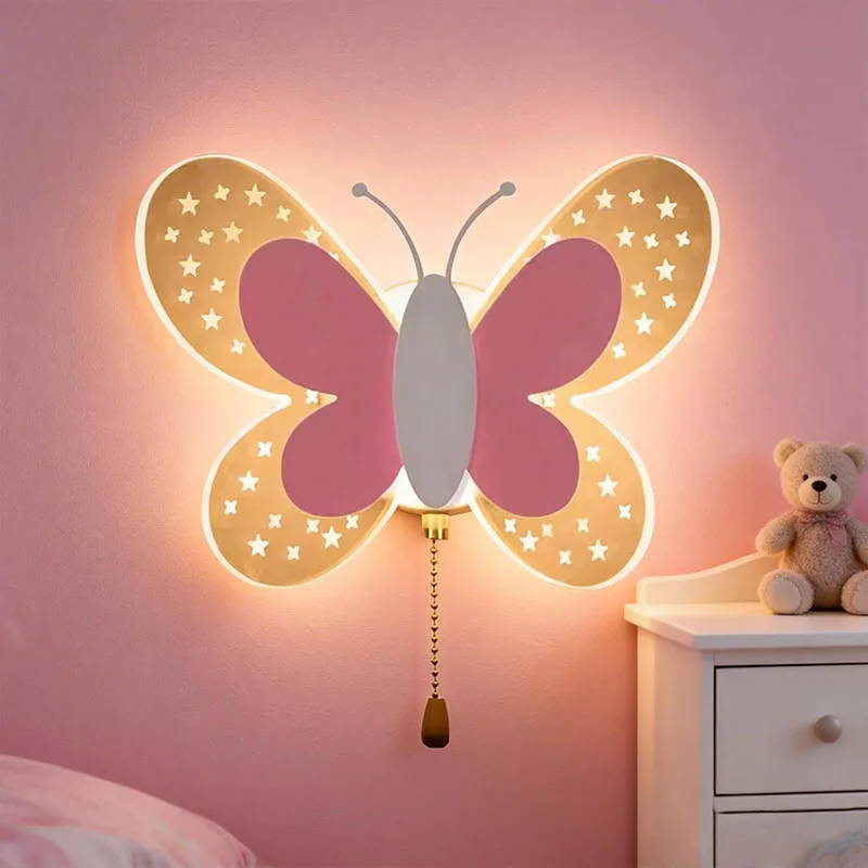 Butterfly Wall Lamp For Children's 3 Colours Light Room Girls with Switch Dimmable Decorative Lamp Wall Light for Baby Bedroom