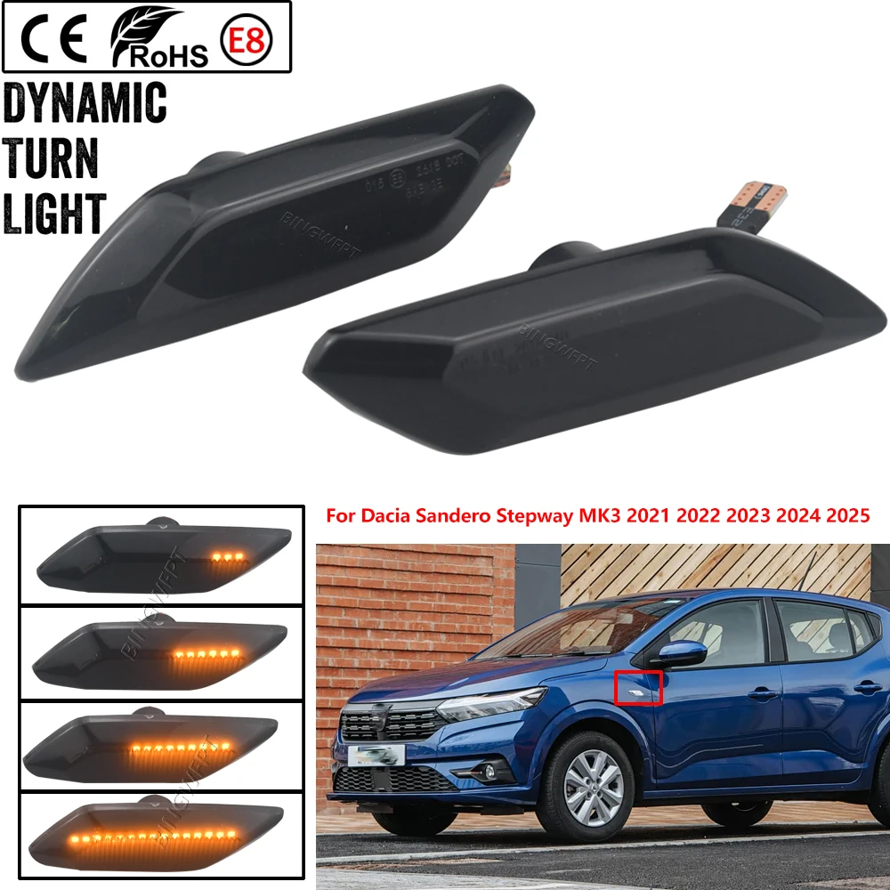 2PCS Led Dynamic Side Marker Turn Signal Light Sequential Blinker Light For Dacia Sandero Stepway MK3 2021 2022 2023 2024 2025