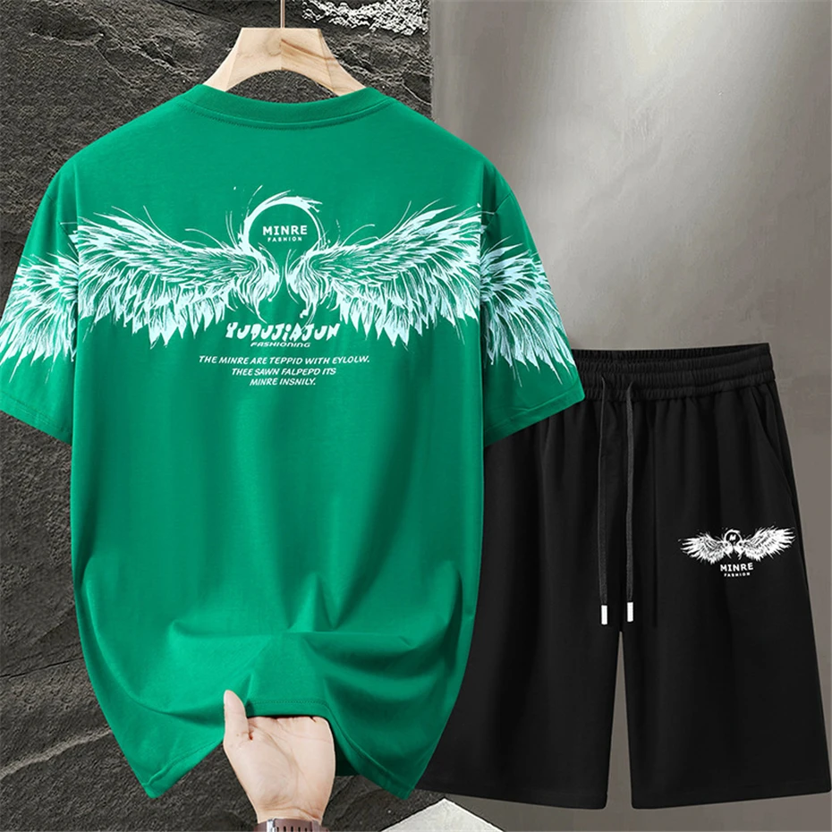 Summer Tracksuits Men Plus Size 11XL Summer Sets Casual Fashion Wing Print T-shirts Shorts Suits Male Big Size 11XL