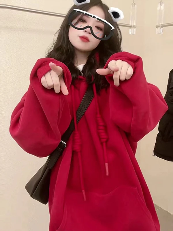 

Красная толстовка с капюшоном женская свободная посадка Long Sve Thiened Fce осень-зима новый Sle Lazy Faion повседневный удобный топ