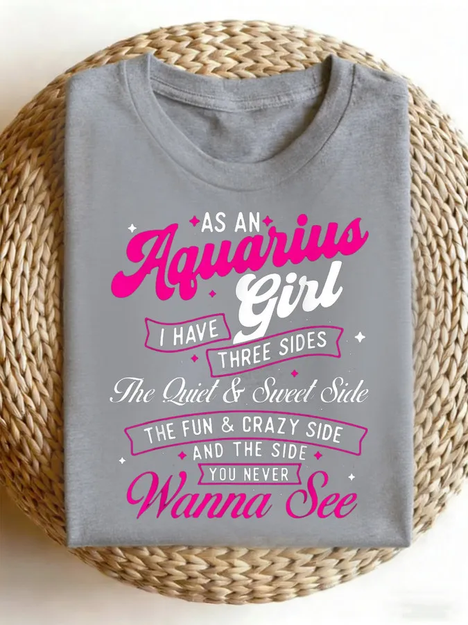 As An Aquarius Girl T Shirt Women Funny Zodiac Sign Graphic Tees Pink Ribbon Letter Printed Astrology Birthday Gift Top Vintage Sweet Crew Neck Clothes