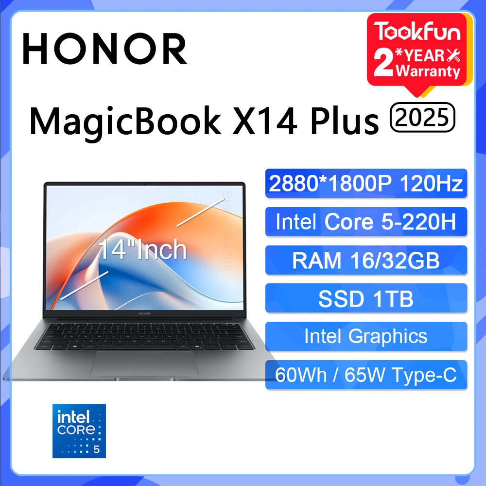 كمبيوتر محمول HONOR MagicBook X14 Plus 2025 FRB-X Intel Core 5 220H RAM 16/32GB SSD 1TB 14 بوصة 2.8K 120 هرتز كمبيوتر محمول Ultrabook #1