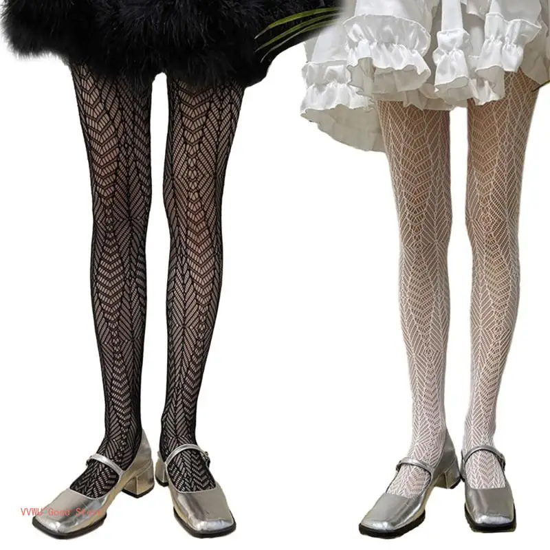 Women Elegant Hollowed Lace Pantyhose Vintage Geometric Texture Fishnet Tights