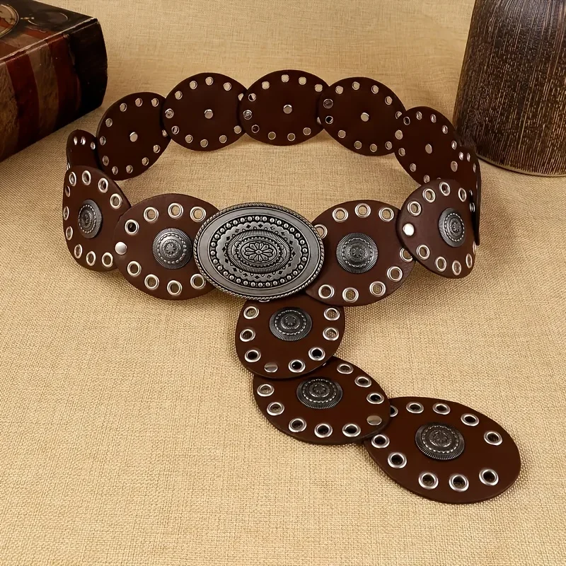 Nowy 1 szt. damski pasek w stylu retro z owalnymi elementami patchworkowymi, w stylu bohemy, rzeźbiony w stylu pustynnym, w stylu kowbojskim, jako dodatek do sukienki.