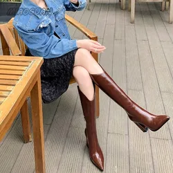 2023 New Women Solid High Heels Long Boots Lady Riding Boots Autumn Winter Designer Pointed Toe Knee-High Boots Retro Botas