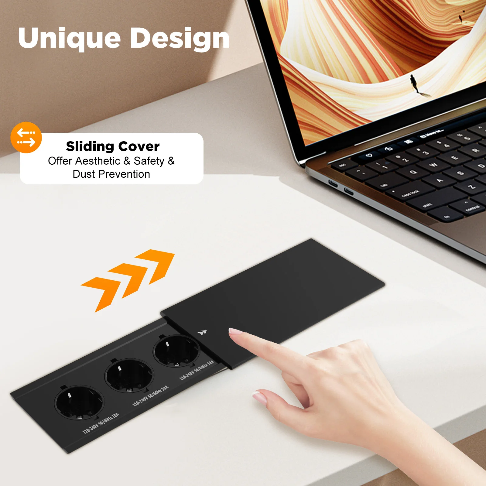 Sliding Cover Desktop Socket, Built-in Table Socket with 3 EU Standard Sockets,3 x AC 110-240V 10A Dustproof and Waterproof