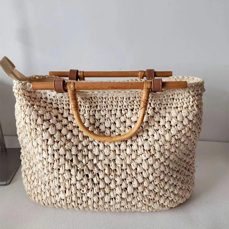 

Wooden Handle Straw Bag Handmade Paper Rope Woven Handbags Bohemian Bali Travel Beach Bags for Women 2024 Hollow Shopper Tote