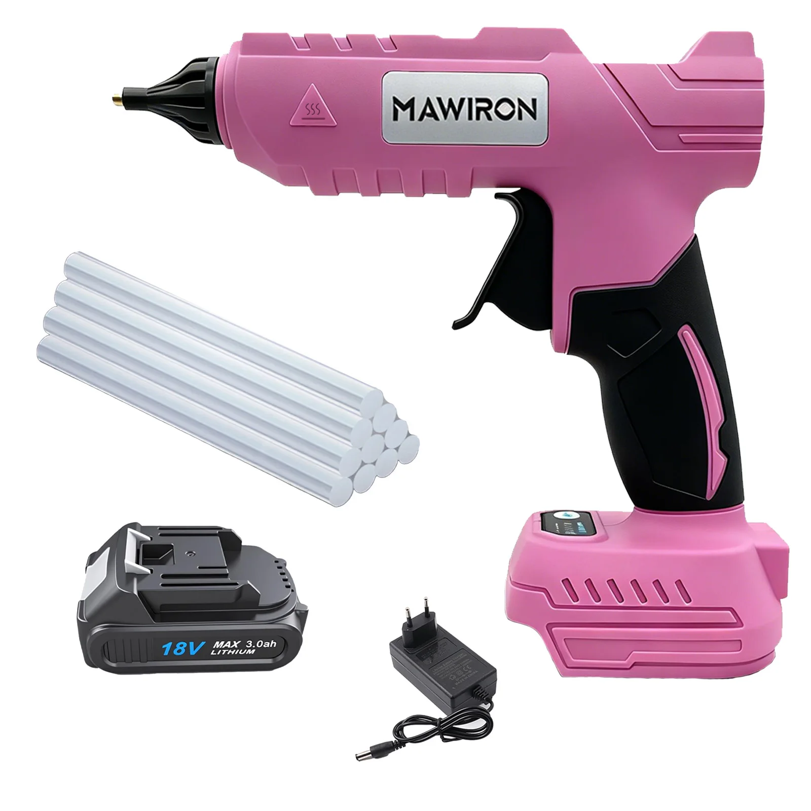 Rosa Elektrische Heißklebepistole für 18V Akku, kabelloser Kleber-Set mit 1x Akku, EU-Ladegerät, 10 Stück 11 mm Klebestifte, Hot Melt Klebepistole – Detail 7
