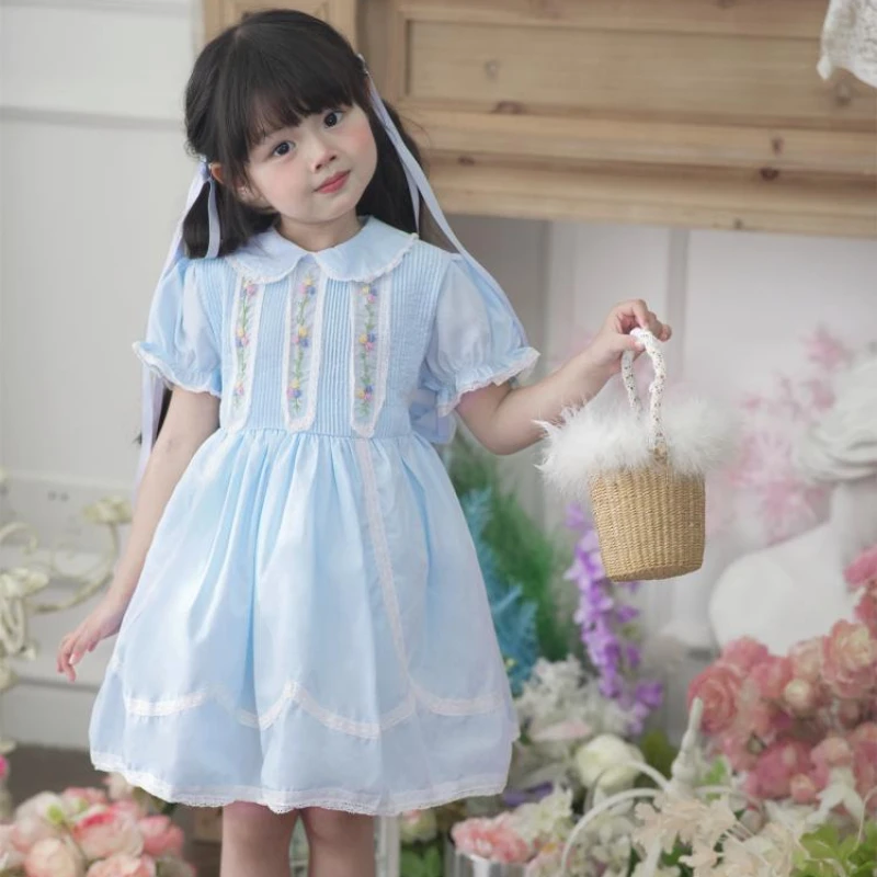 

2024 Kids Spanish Clothes Baby Girls Flower Embrodiery HandMade Blue Dress with Big Bow Sleeve Children Outfit Elegant Frocks