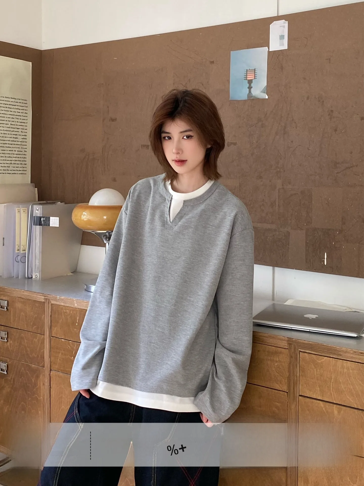 

Ja1 Casual Loose Fit Long Sleeve T-Shirt Fake Two-Piece Design Color Block Collar Style Unisex Autumn Wear Cotton Polyester B...