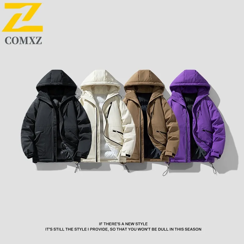سترة COMXZ الرجالية القطنية الفاخرة ذات القلنسوة للمغامرة الخارجية سترة سميكة غير رسمية بياقة من الفرو للمشي لمسافات طويلة معطف شتوي خفيف الوزن من القطن