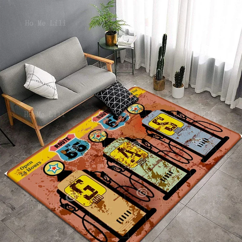 Archaic Route 66 Garage Workshop And Gas Station Sign Old Filling Station Non Slip Flannel Floor Rugs By Ho Me Lili